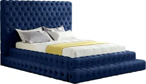 Revel Navy Velvet Queen Bed (3 Boxes)