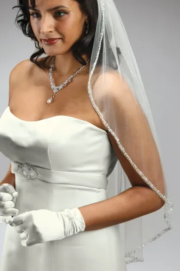Rhinestone Edge Fingertip Veil Pearls, Beads & Crystals - Ivory