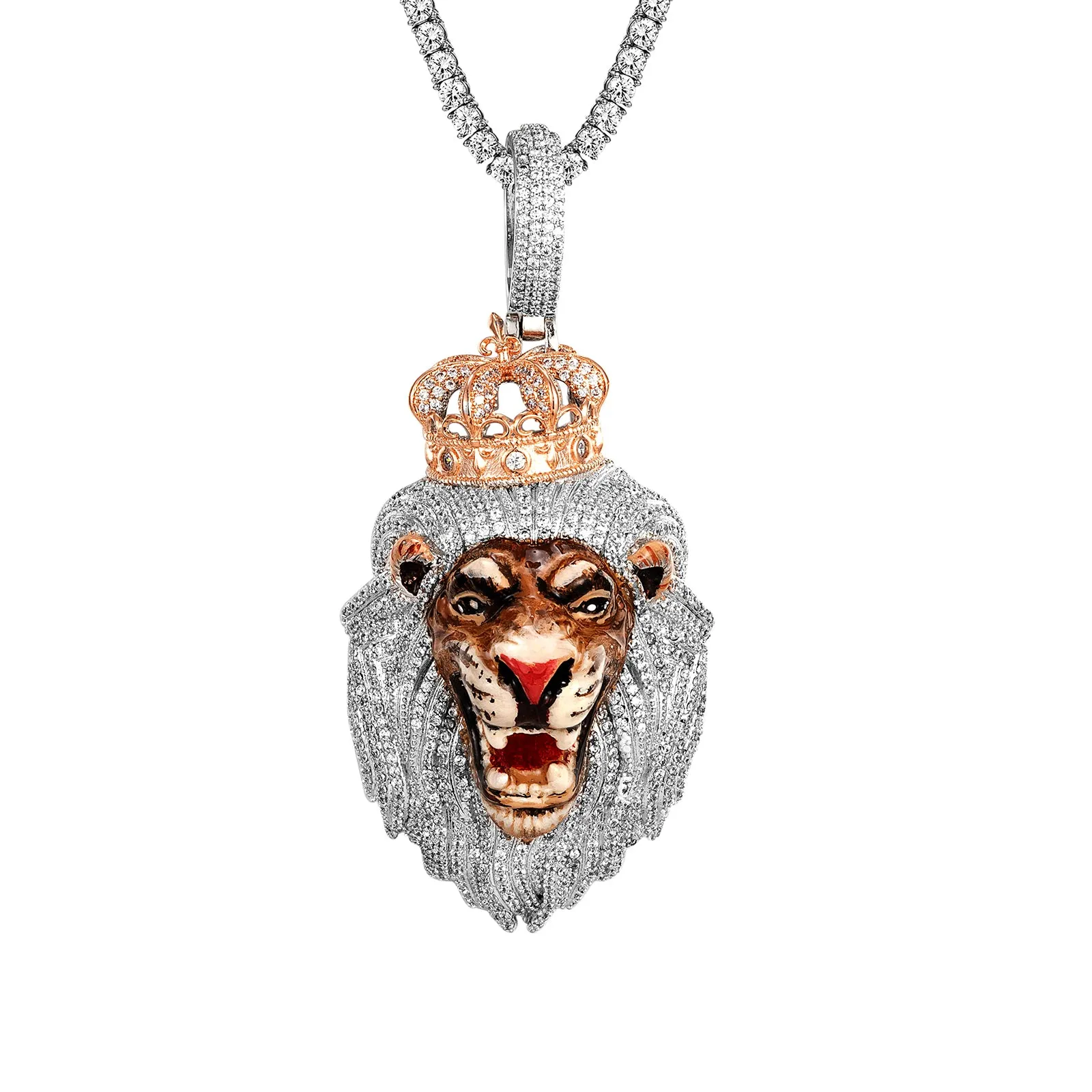 Roaring Lion 3D Crown Two Tone White Gold Icy Mens Pendant