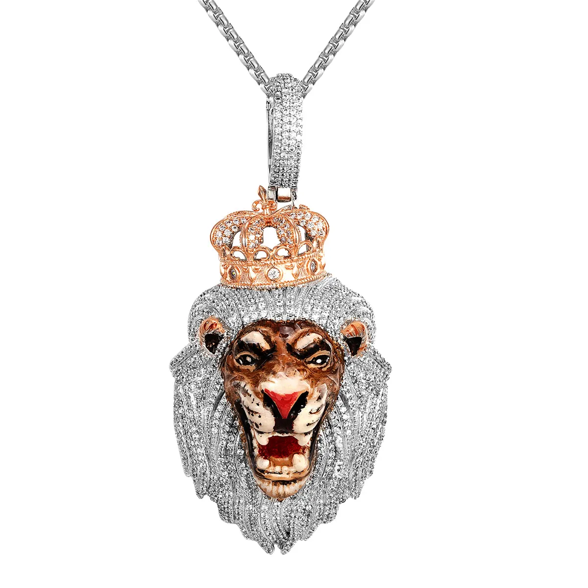Roaring Lion 3D Crown Two Tone White Gold Icy Mens Pendant