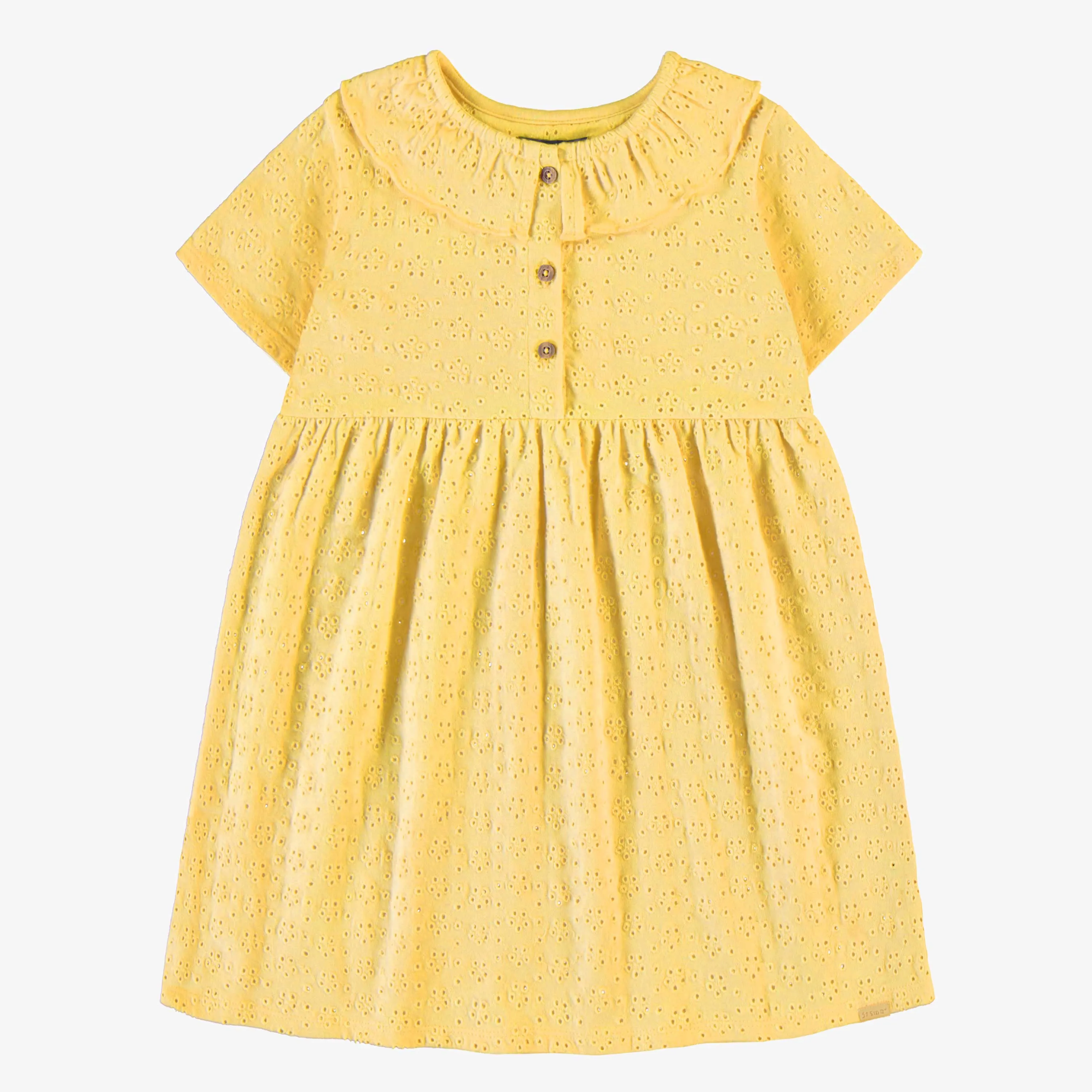 Robe jaune en broderie anglaise à fleurs ajourées en jersey extensible, enfant  || Yellow dress in broderie anglaise with openwork flowers in stretch jersey, child