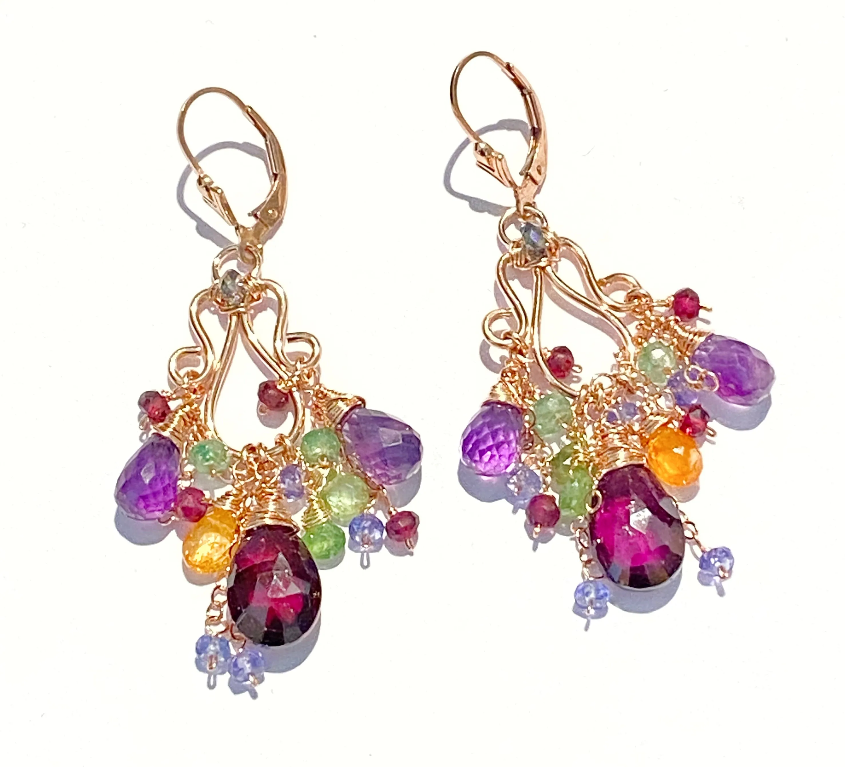 Rose Gold Chandelier Earrings Rhodolite Garnet Amethyst Lever Back
