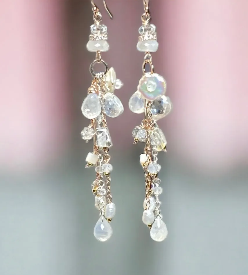 Rose Gold Long Boho Mystic Quartz, Pearl & Moonstone Dangle Earrings