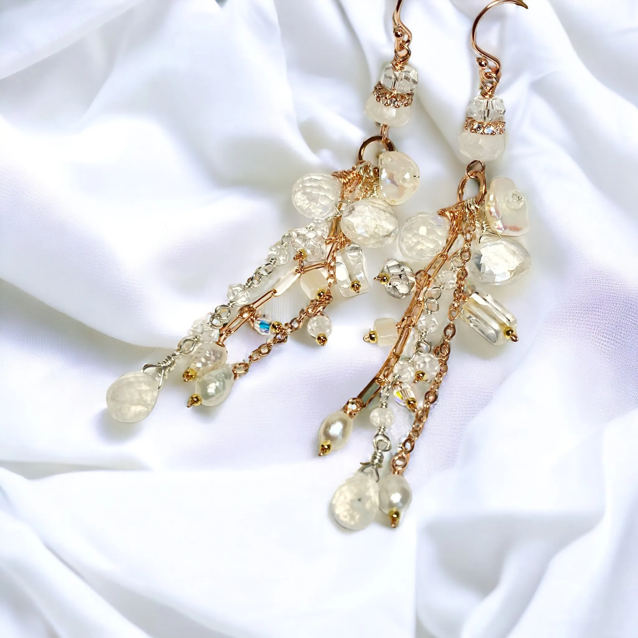 Rose Gold Long Boho Mystic Quartz, Pearl & Moonstone Dangle Earrings