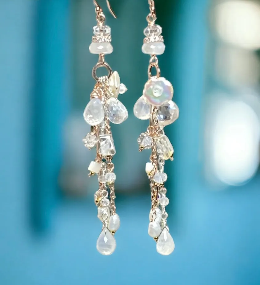 Rose Gold Long Boho Mystic Quartz, Pearl & Moonstone Dangle Earrings