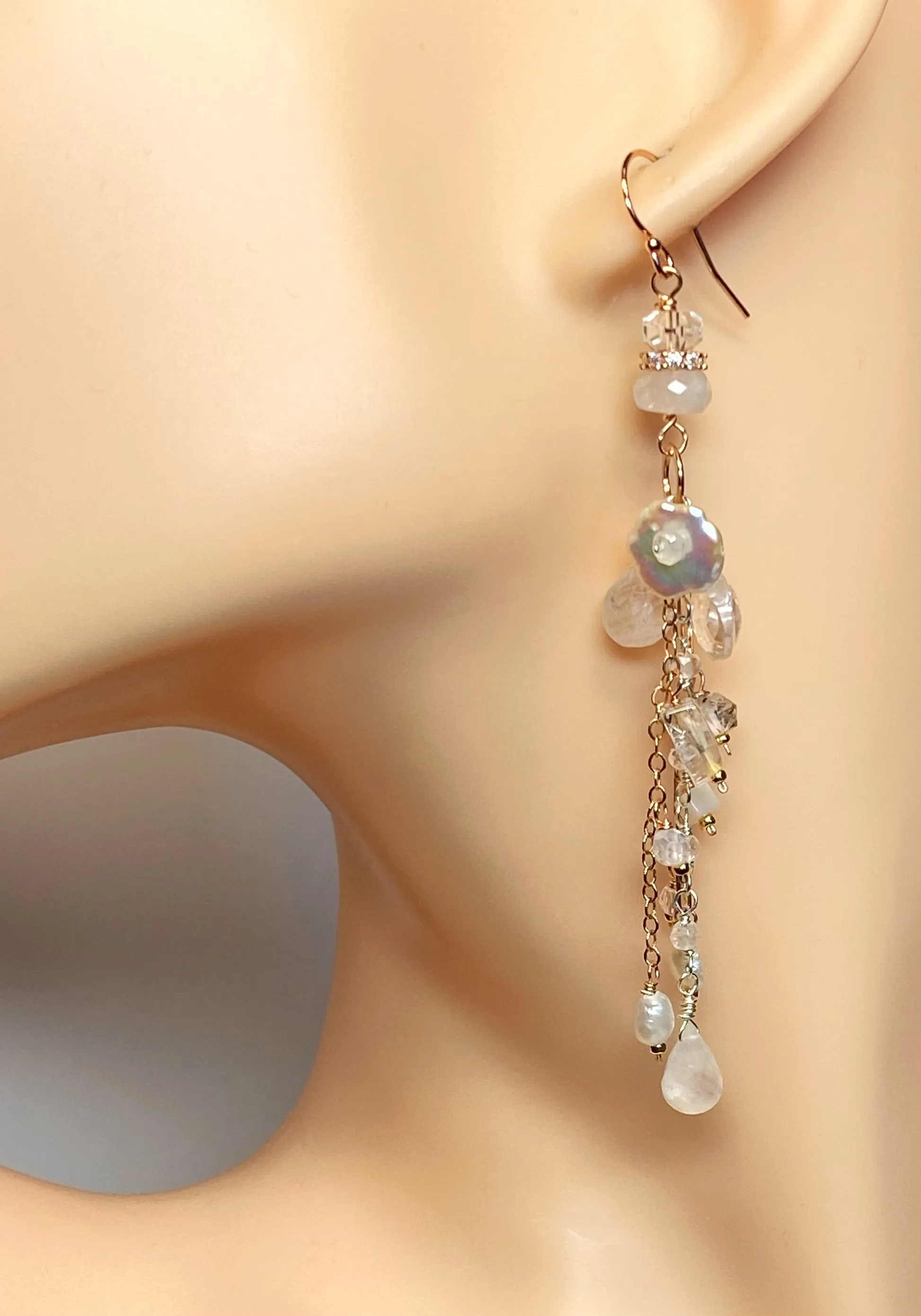 Rose Gold Long Boho Mystic Quartz, Pearl & Moonstone Dangle Earrings