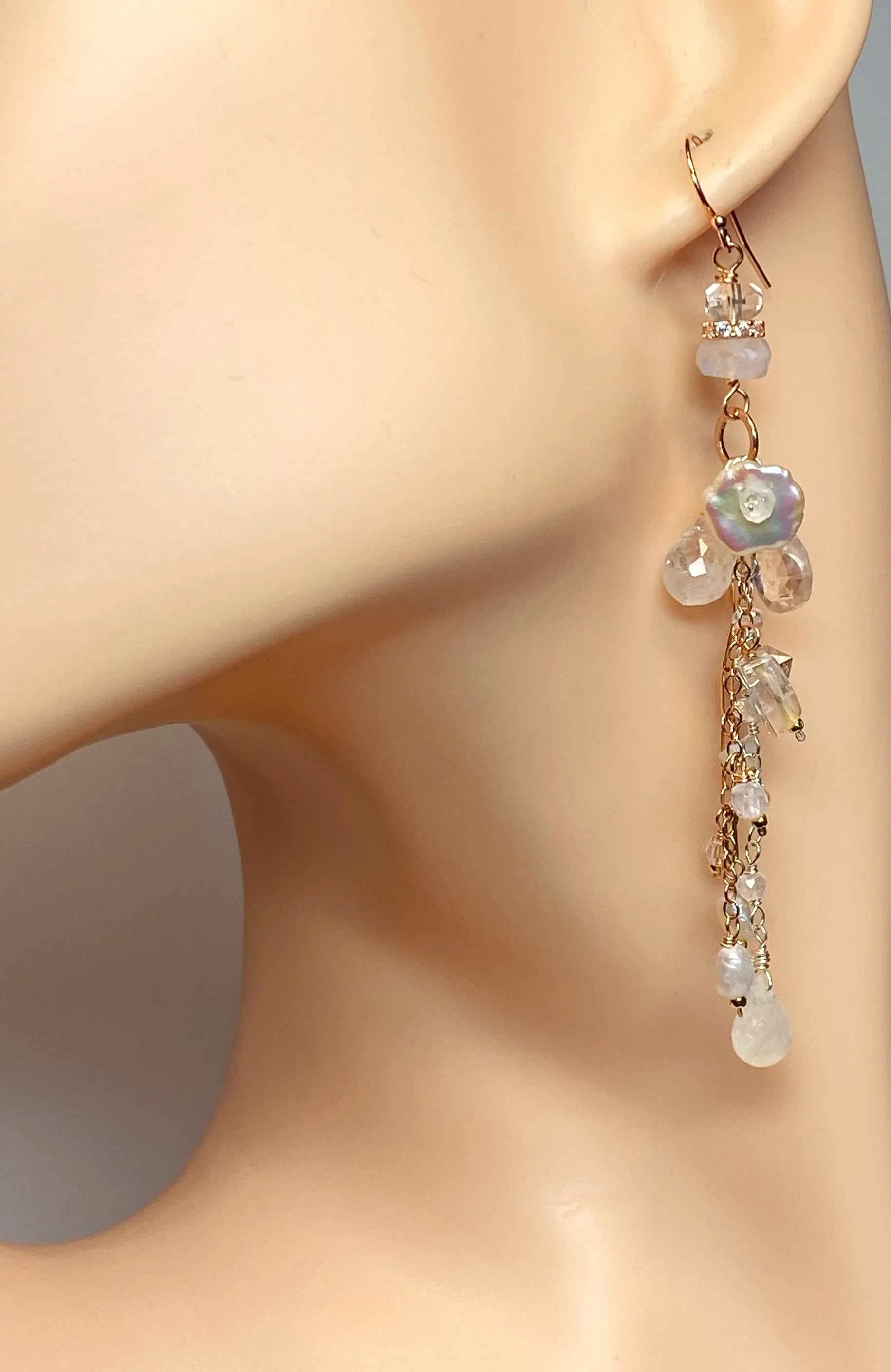 Rose Gold Long Boho Mystic Quartz, Pearl & Moonstone Dangle Earrings