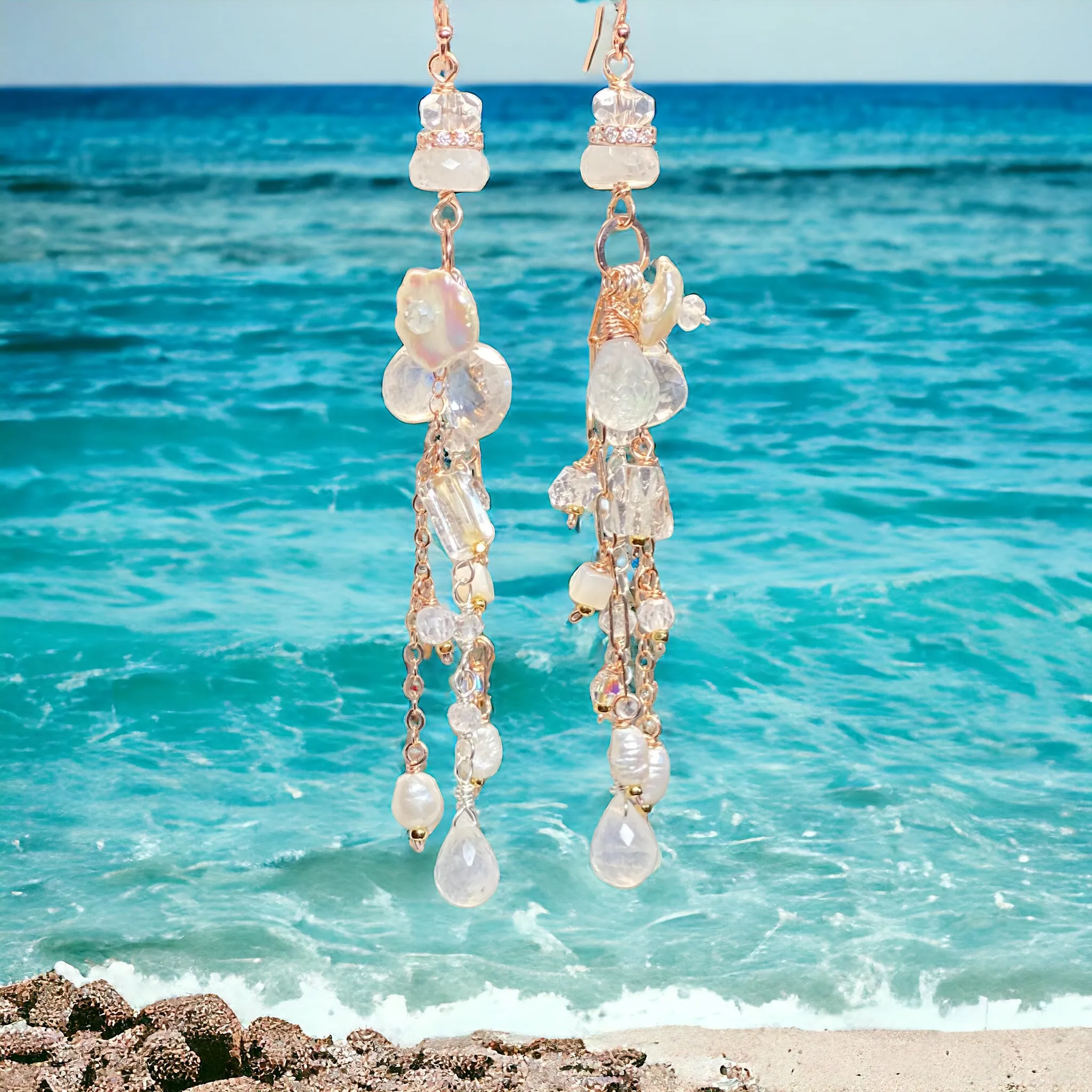 Rose Gold Long Boho Mystic Quartz, Pearl & Moonstone Dangle Earrings
