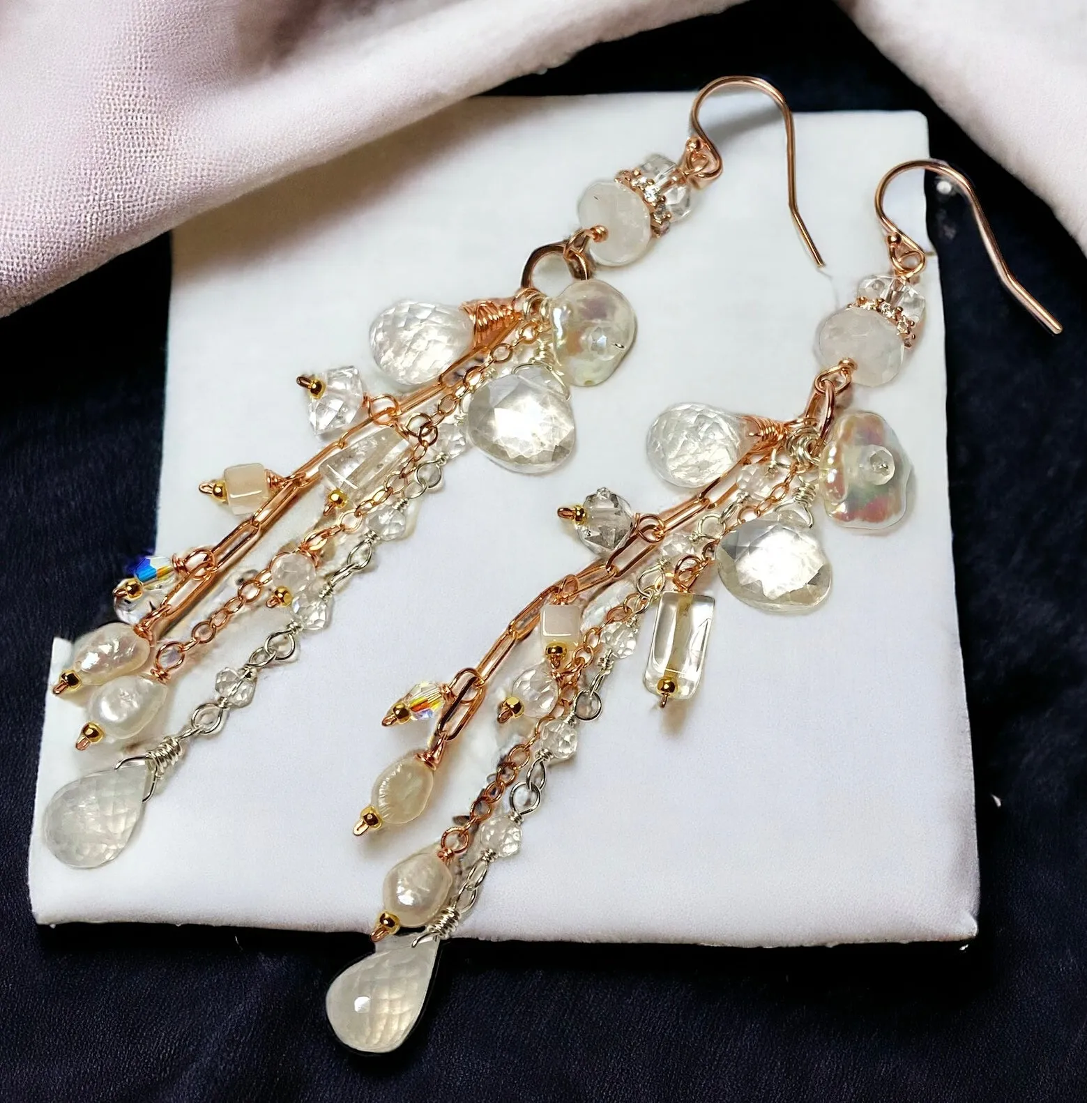 Rose Gold Long Boho Mystic Quartz, Pearl & Moonstone Dangle Earrings