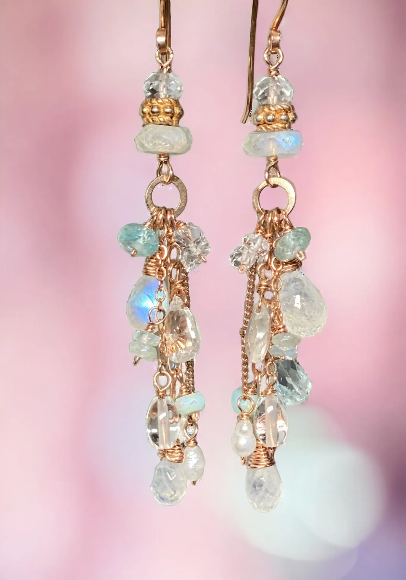 Rose Gold Rainbow Moonstone and Blue Gem Dangle Earrings