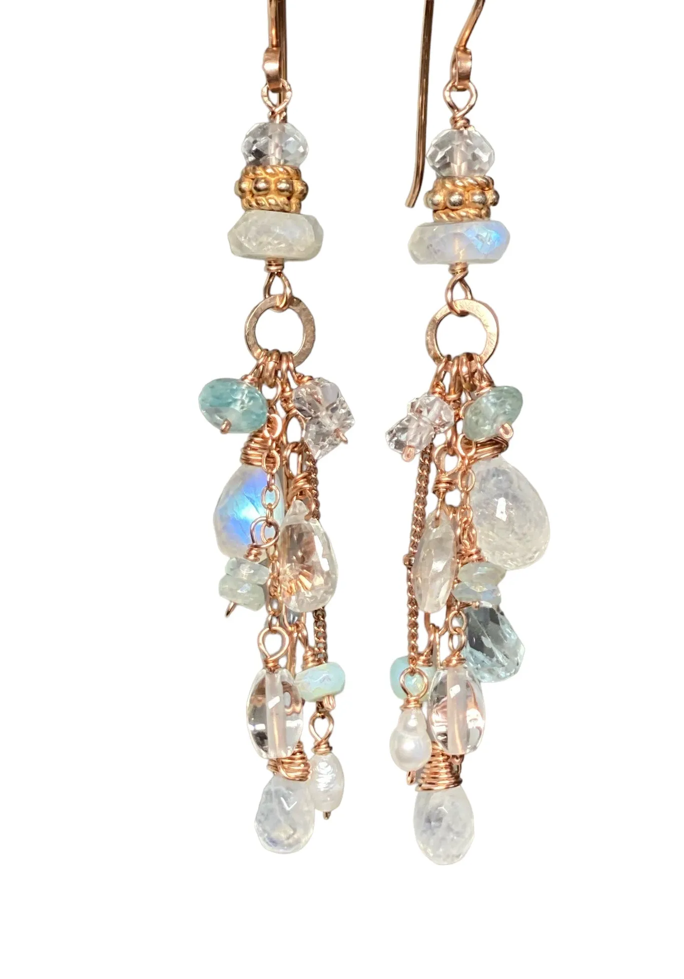 Rose Gold Rainbow Moonstone and Blue Gem Dangle Earrings