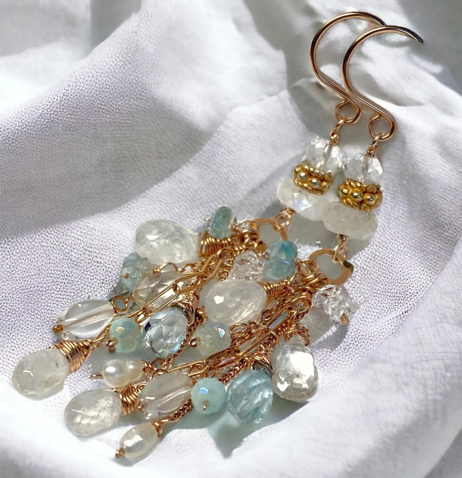 Rose Gold Rainbow Moonstone and Blue Gem Dangle Earrings