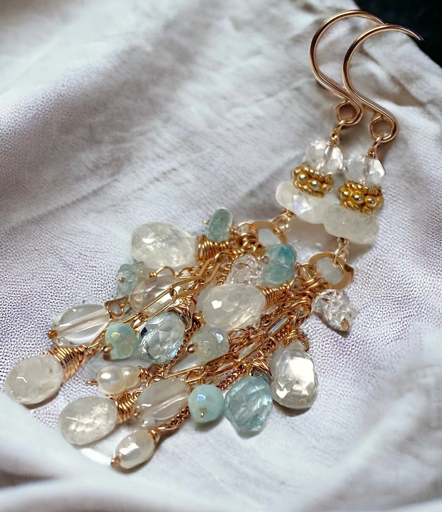 Rose Gold Rainbow Moonstone and Blue Gem Dangle Earrings