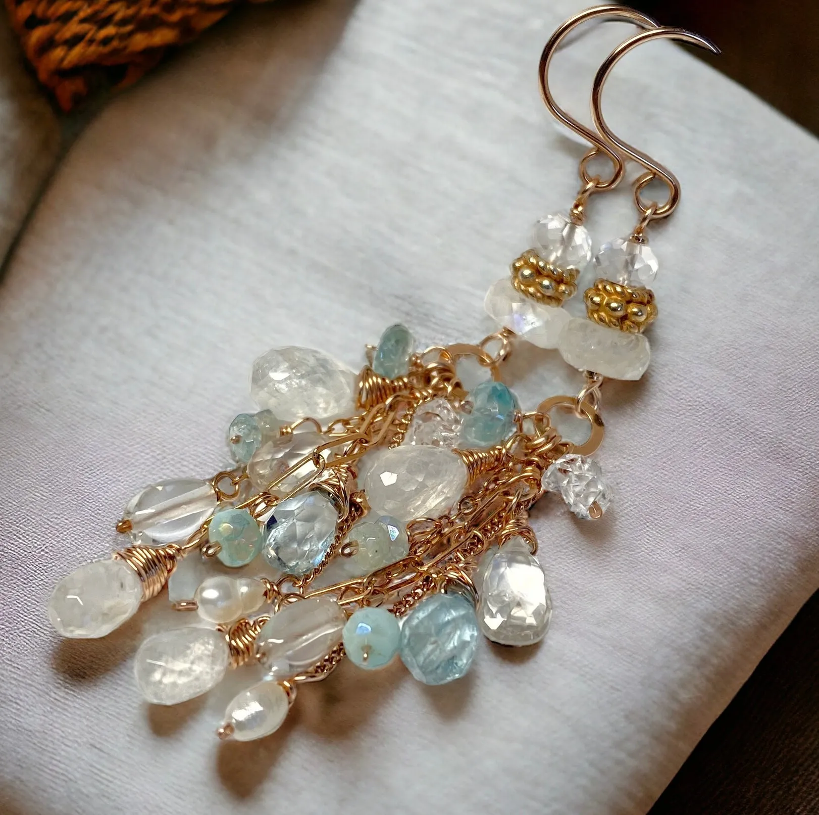 Rose Gold Rainbow Moonstone and Blue Gem Dangle Earrings