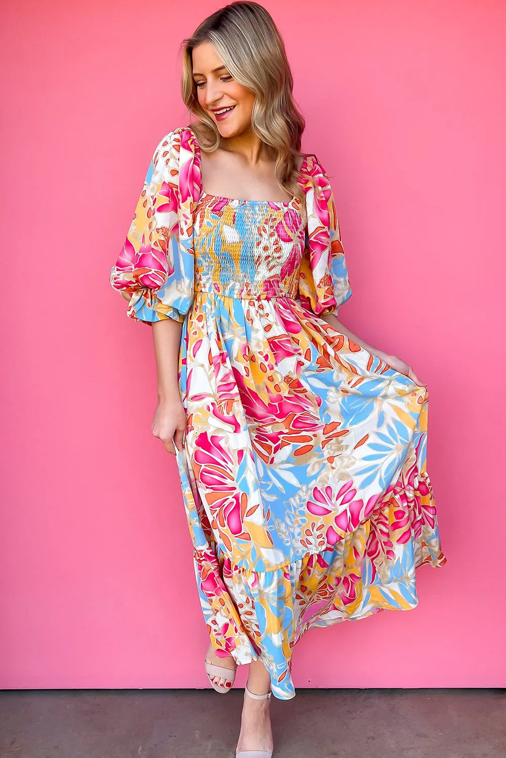 Rose Red Tropical Smocked Bodice Puff Sleeve Long Dress