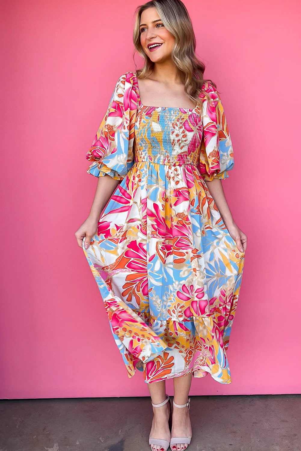 Rose Red Tropical Smocked Bodice Puff Sleeve Long Dress