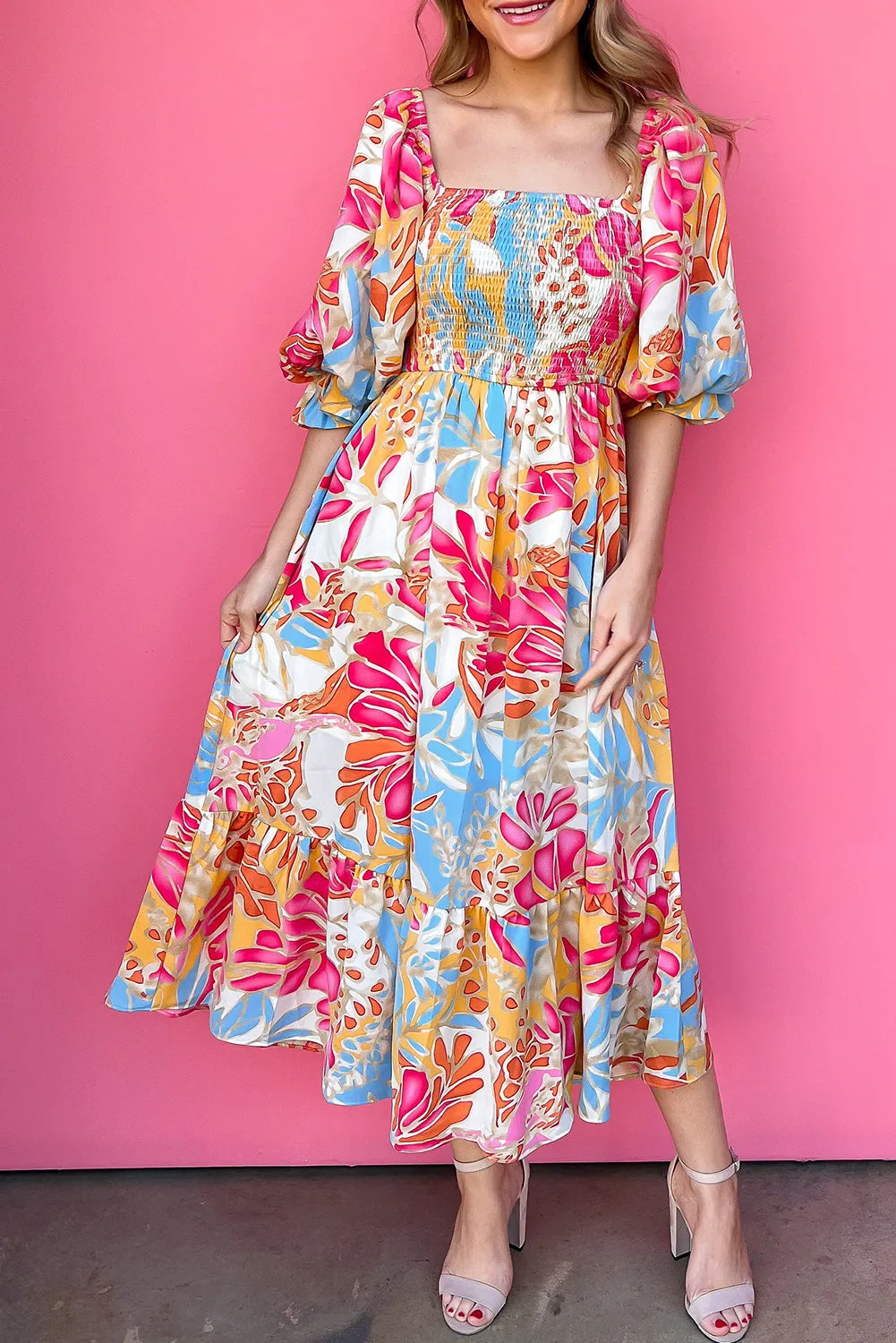 Rose Red Tropical Smocked Bodice Puff Sleeve Long Dress