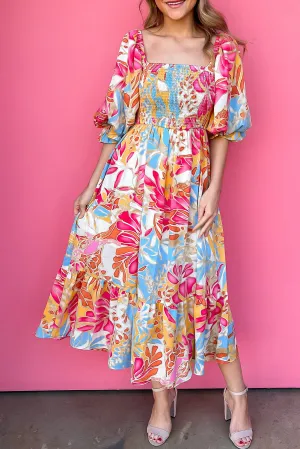 Rose Red Tropical Smocked Bodice Puff Sleeve Long Dress