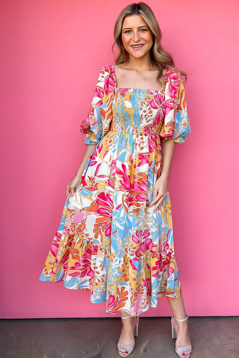 Rose Red Tropical Smocked Bodice Puff Sleeve Long Dress