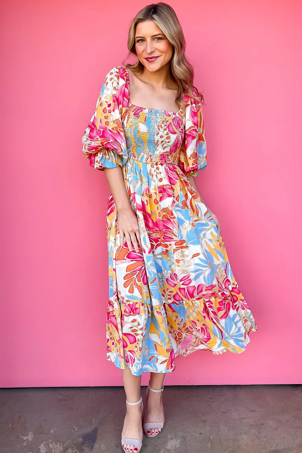 Rose Red Tropical Smocked Bodice Puff Sleeve Long Dress