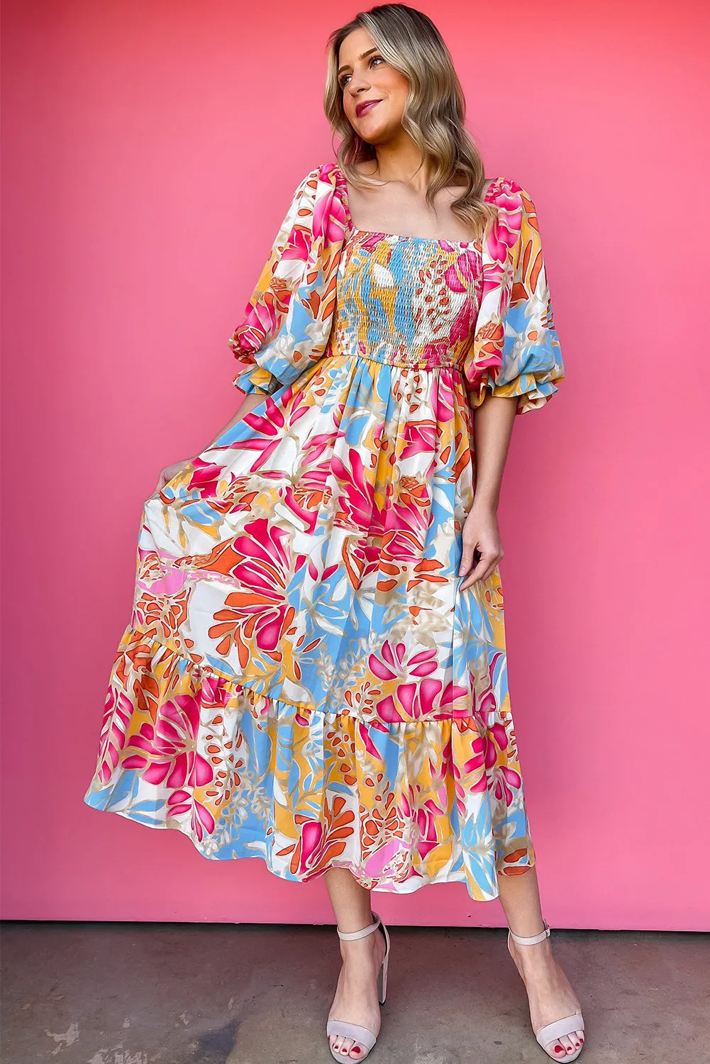 Rose Red Tropical Smocked Bodice Puff Sleeve Long Dress