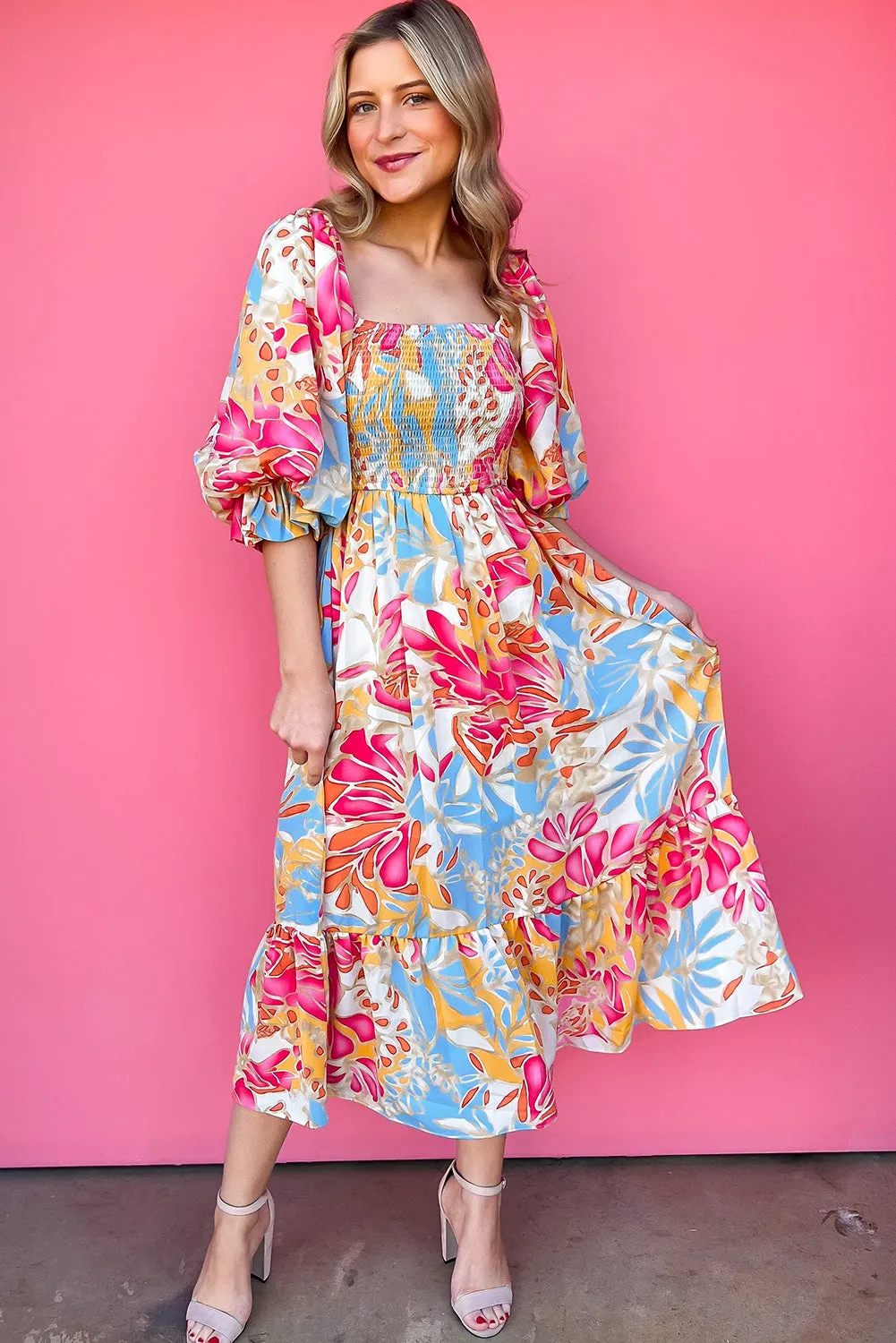 Rose Red Tropical Smocked Bodice Puff Sleeve Long Dress