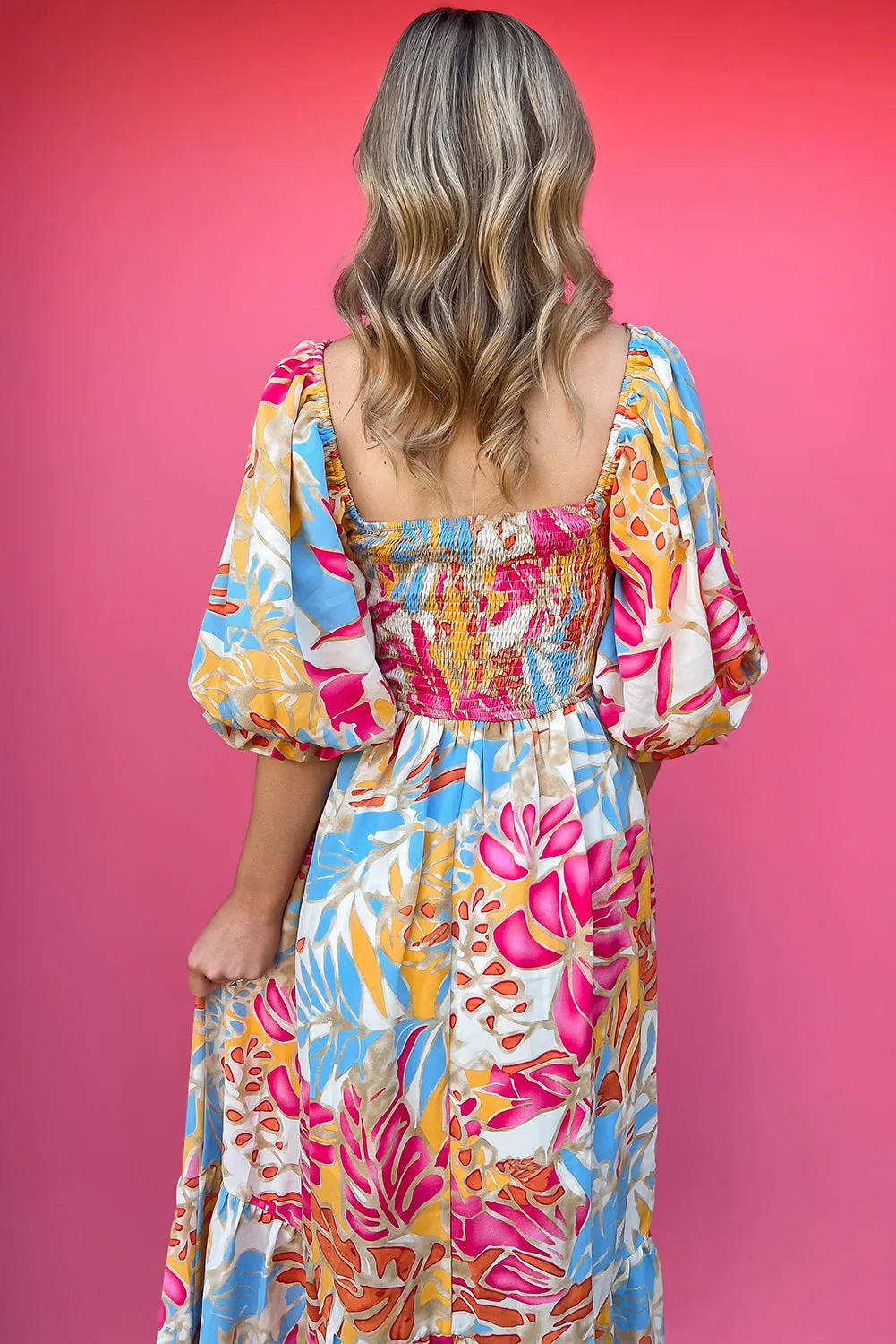 Rose Red Tropical Smocked Bodice Puff Sleeve Long Dress