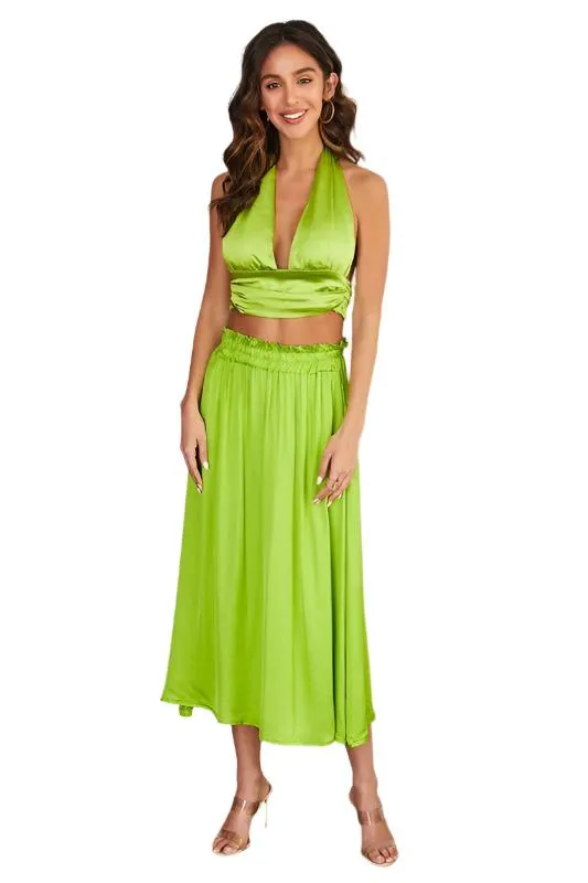 Satin Ruffle Elastic Waist Maxi Skirt