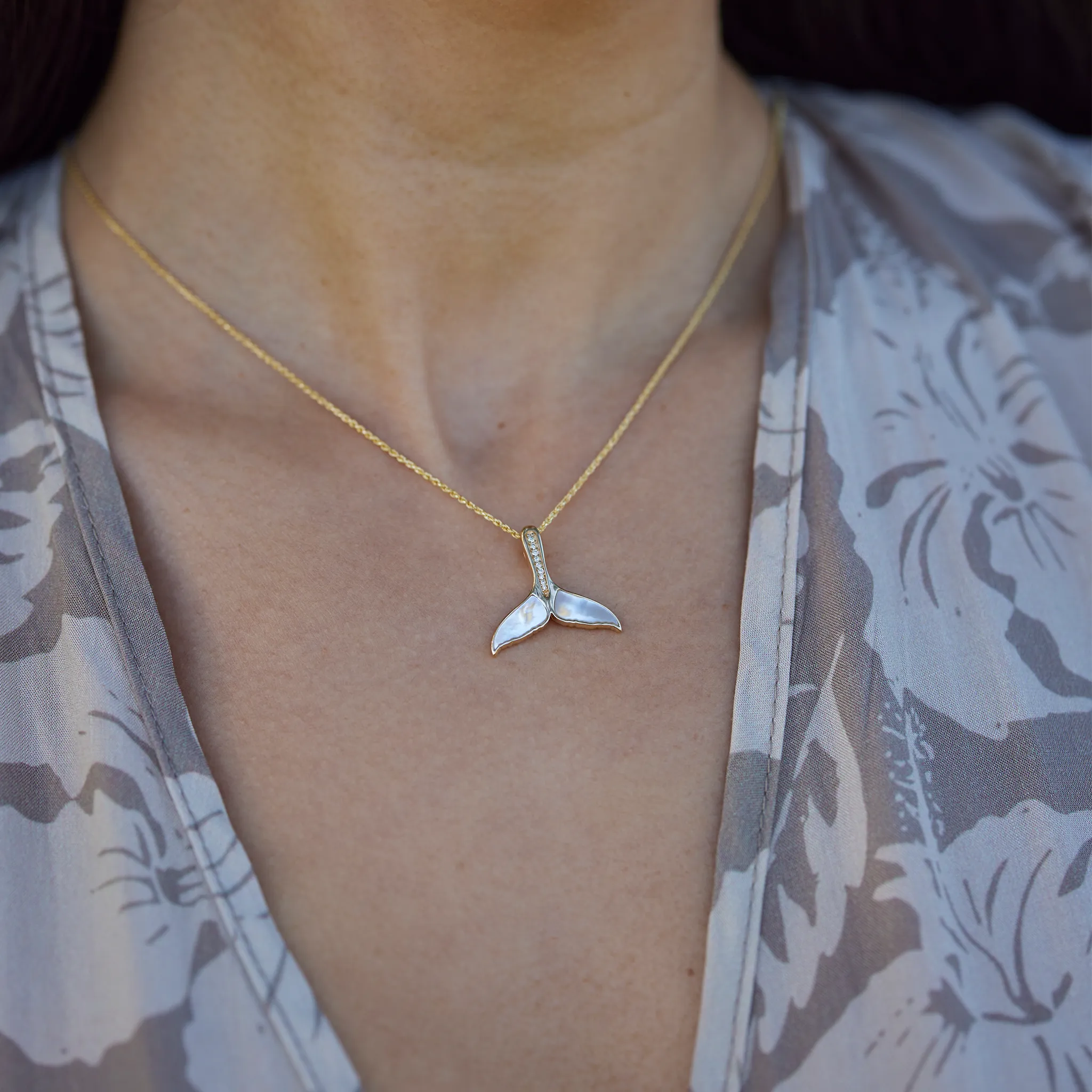 Sealife Whale Tail Mother of Pearl Pendant in Gold with Diamonds - 22mm