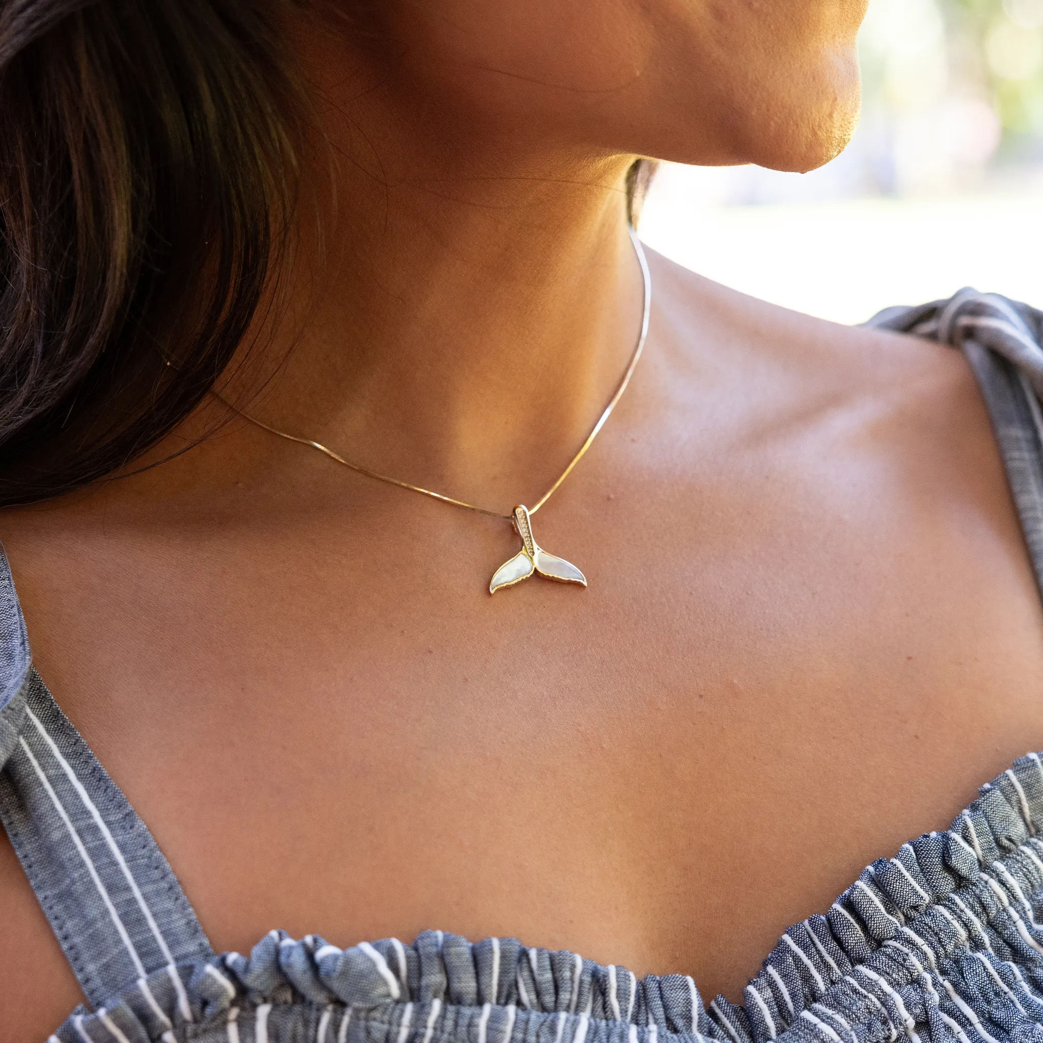 Sealife Whale Tail Mother of Pearl Pendant in Gold with Diamonds - 22mm