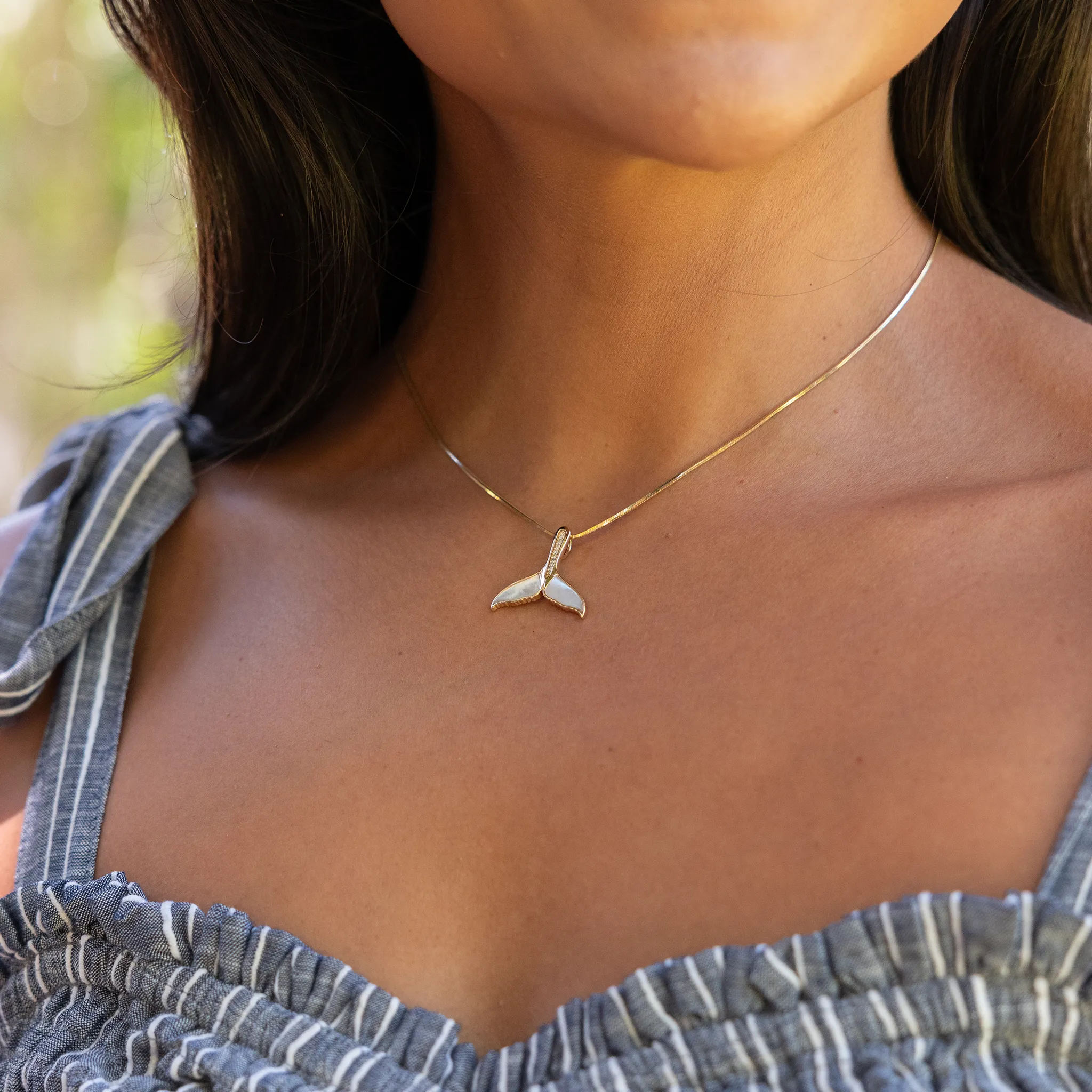 Sealife Whale Tail Mother of Pearl Pendant in Gold with Diamonds - 22mm