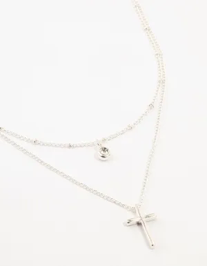 Silver Diamante Cross Layered Necklace