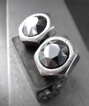 Silver Hex Nut Stud Earrings with 'Chrome' Crystal