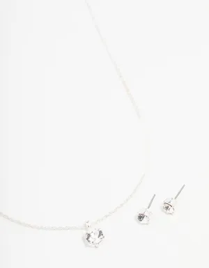 Silver Solitaire Bohemia Czech Crystal Droplet Necklace & Stud Earrings Set