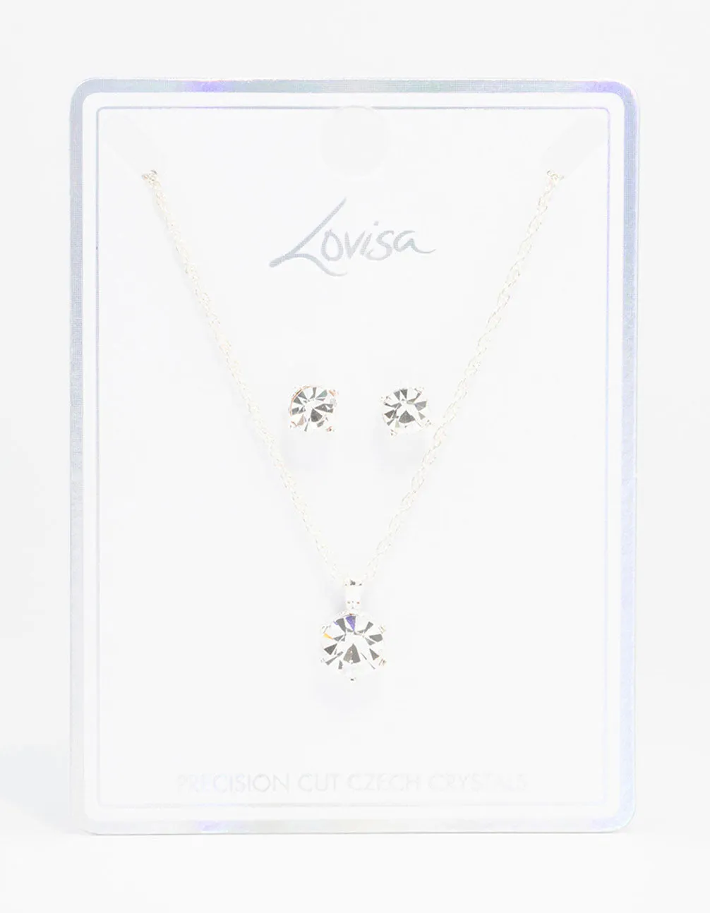Silver Solitaire Bohemia Czech Crystal Droplet Necklace & Stud Earrings Set