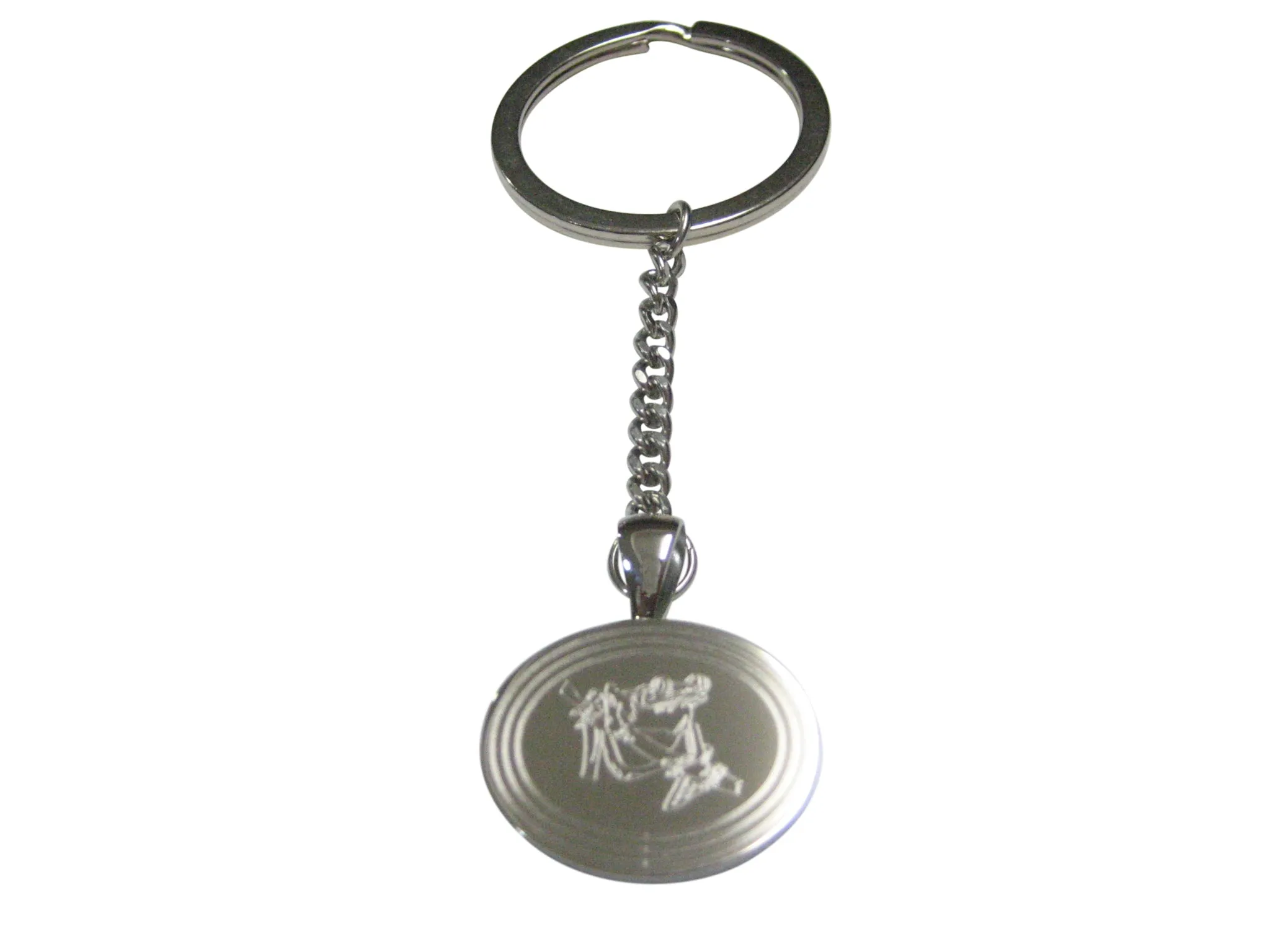 Silver Toned Etched Oval Tropical Frog On Tree Pendant Keychain