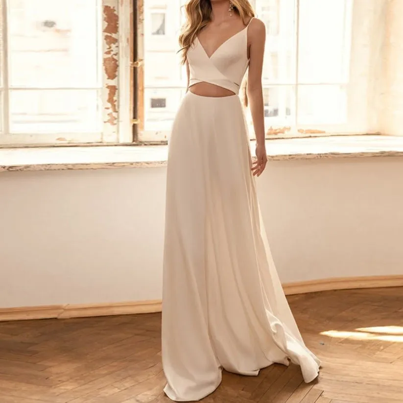 Simple and niche design wedding dress with plain satin waist strap