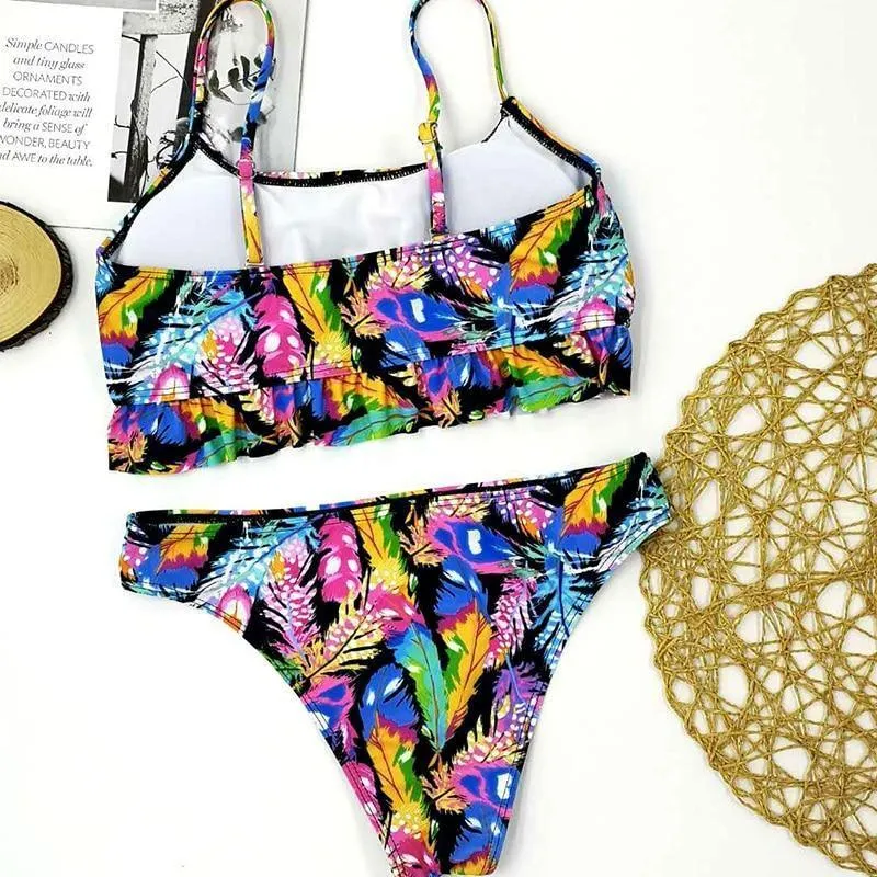 Simplee Tropical leaves print woman swimsuit separate two piece Bandeau bikini 2020 new Ruffle swimwear women suit biquinis