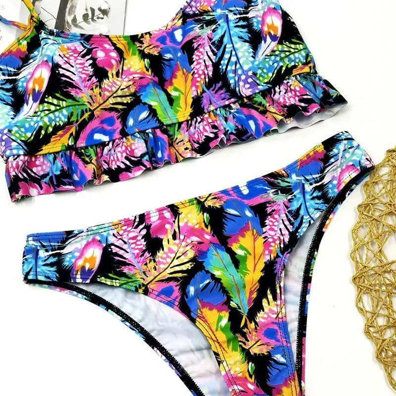 Simplee Tropical leaves print woman swimsuit separate two piece Bandeau bikini 2020 new Ruffle swimwear women suit biquinis