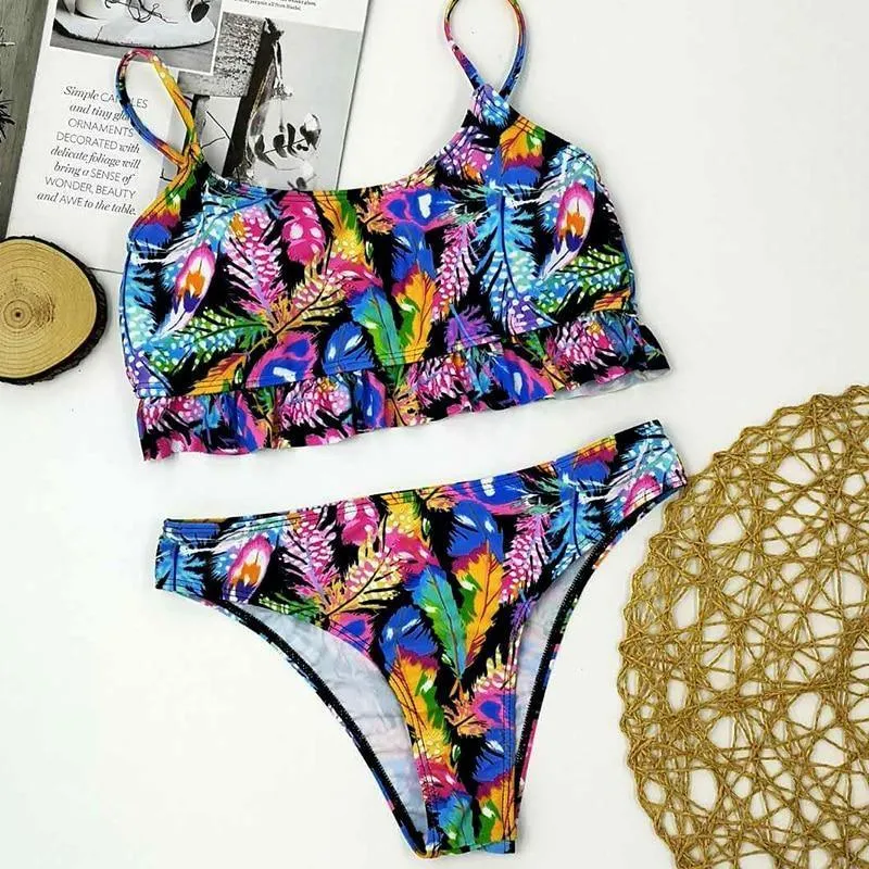 Simplee Tropical leaves print woman swimsuit separate two piece Bandeau bikini 2020 new Ruffle swimwear women suit biquinis