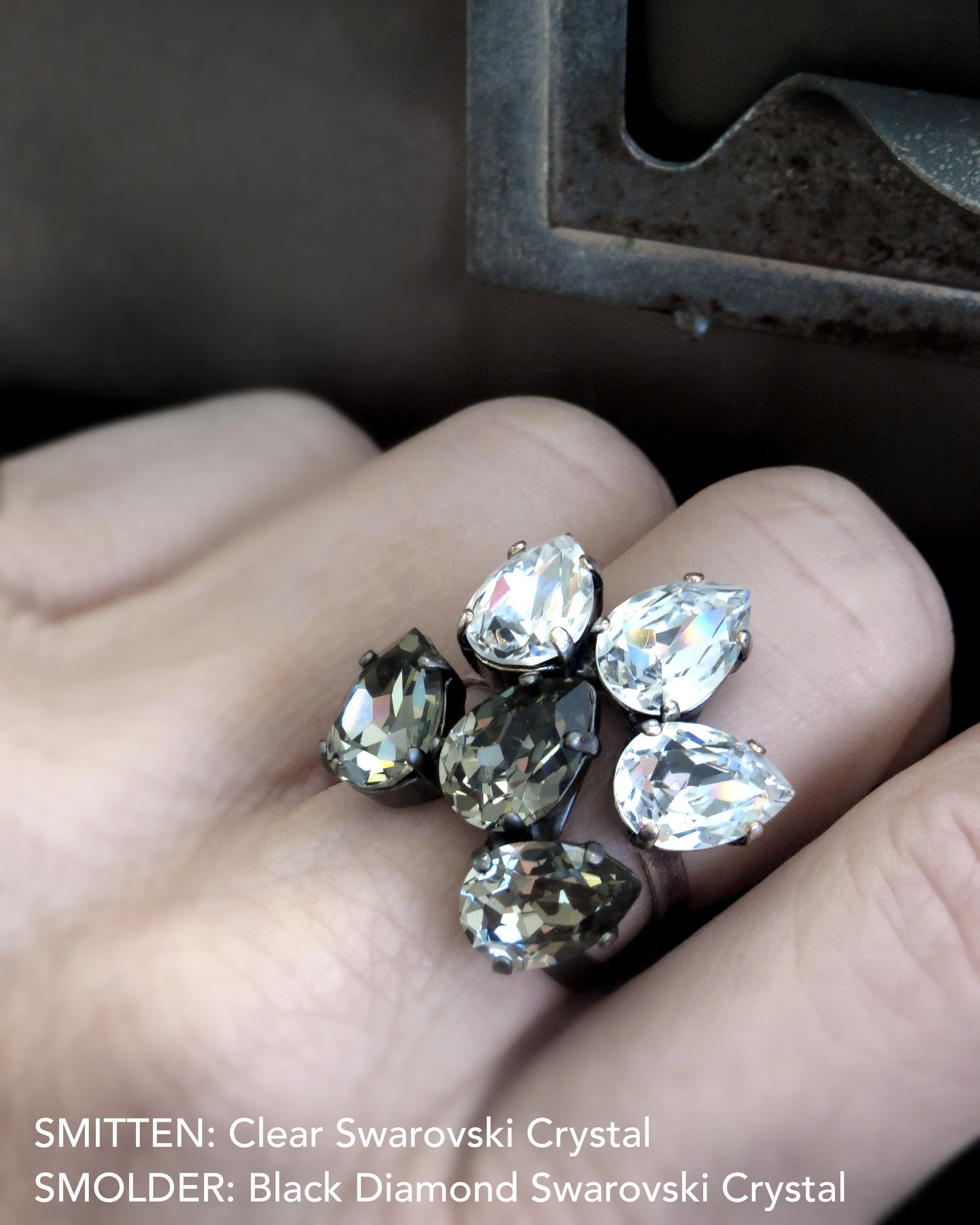 SMITTEN - Teardrop Trio Clear Crystal Cocktail Ring