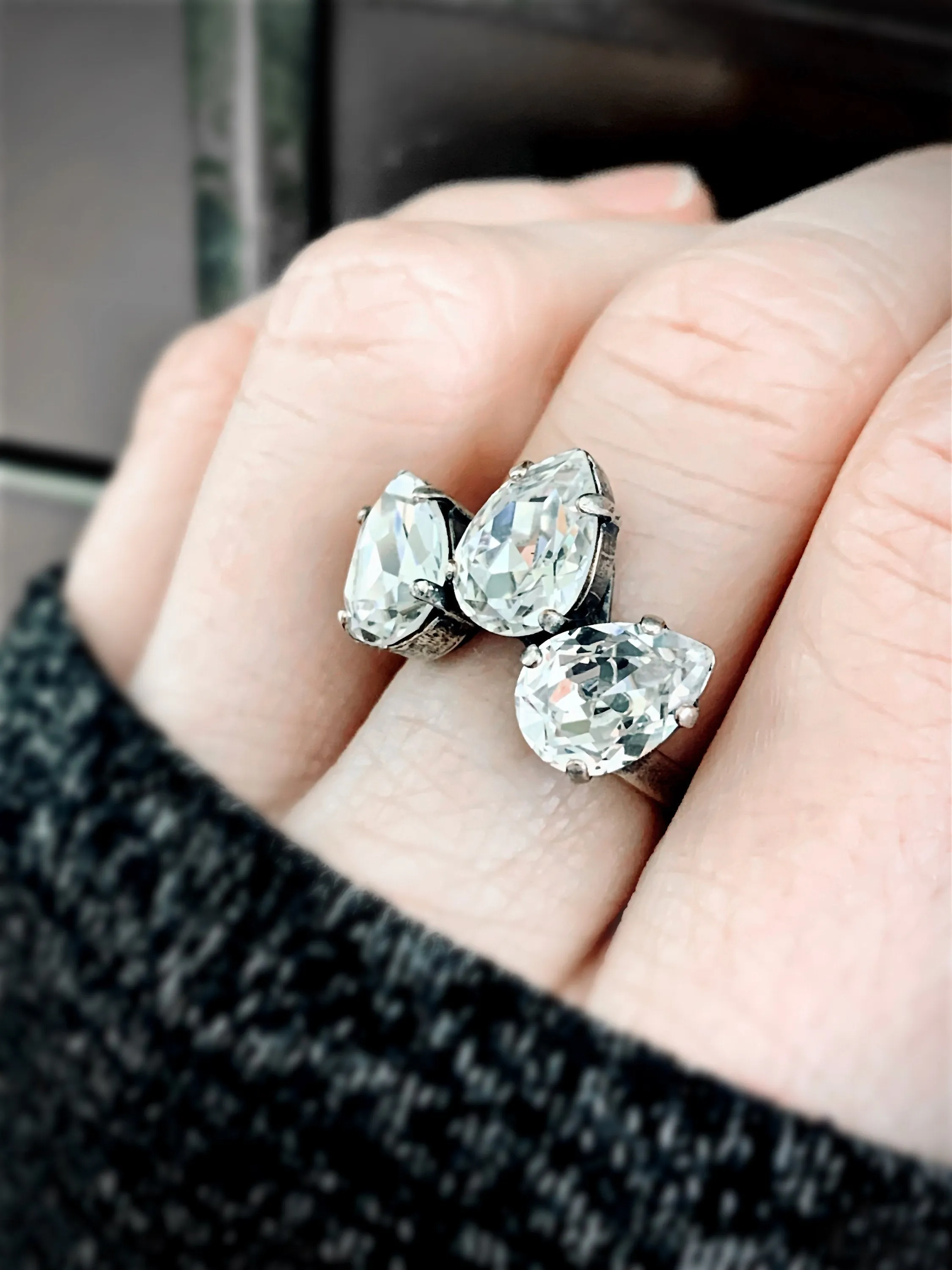 SMITTEN - Teardrop Trio Clear Crystal Cocktail Ring