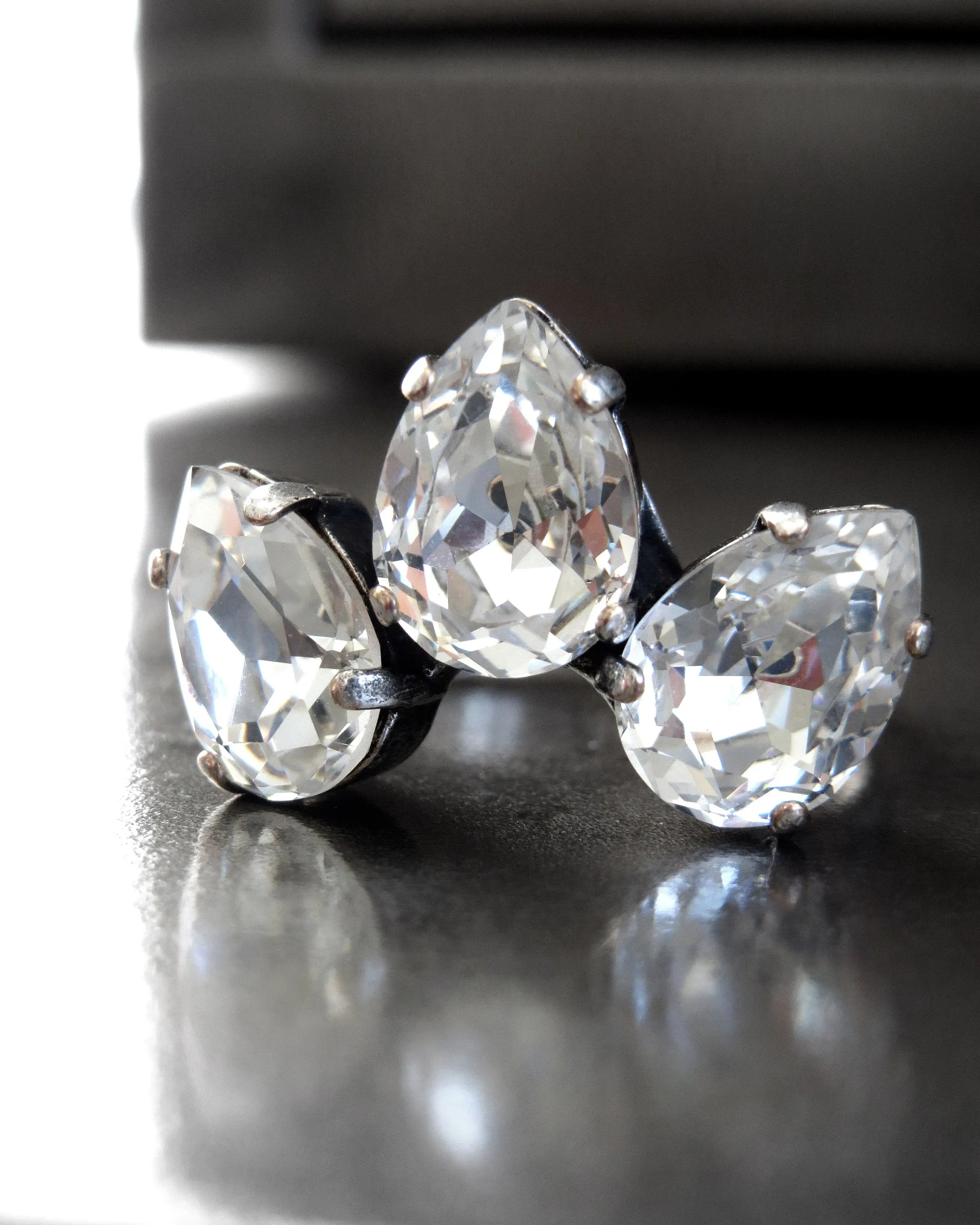 SMITTEN - Teardrop Trio Clear Crystal Cocktail Ring