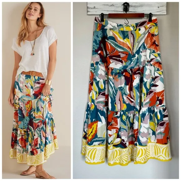 SOFT SURROUNDINGS 1X Kara Skirt in Multi Painterly Floral • Tropical Tiered Maxi