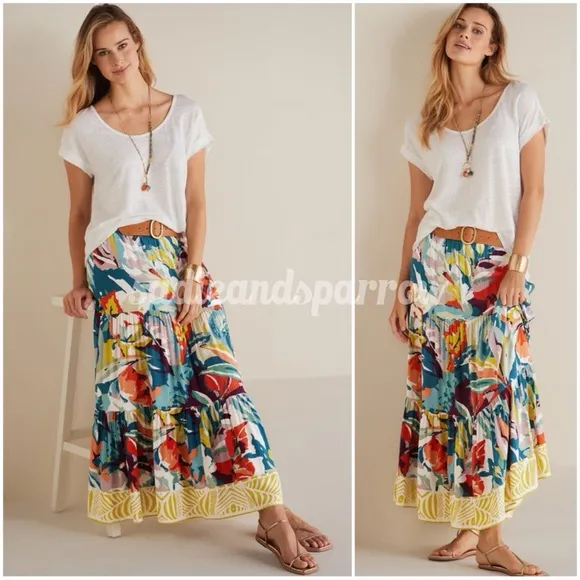 SOFT SURROUNDINGS 1X Kara Skirt in Multi Painterly Floral • Tropical Tiered Maxi