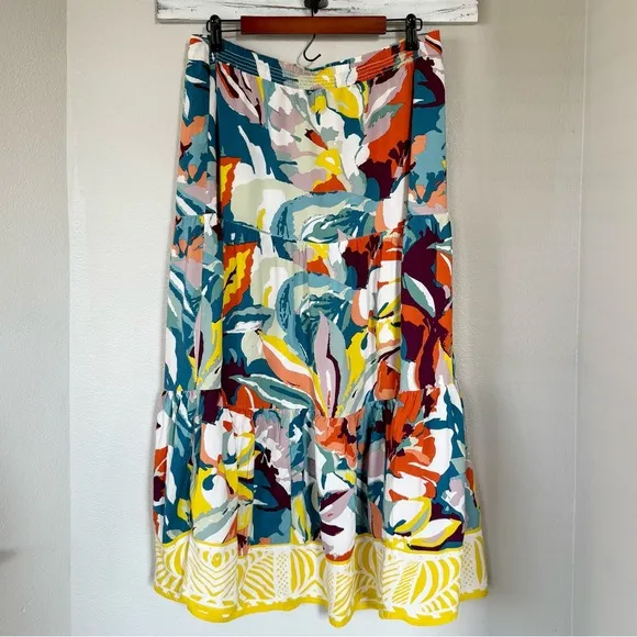SOFT SURROUNDINGS 1X Kara Skirt in Multi Painterly Floral • Tropical Tiered Maxi