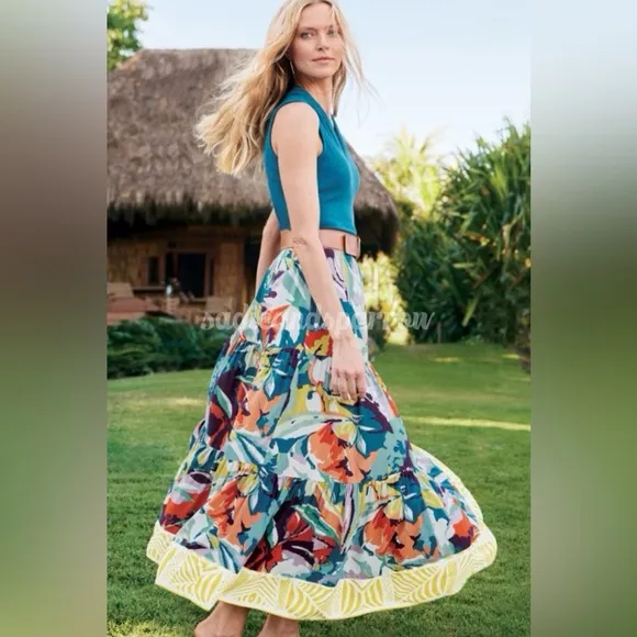SOFT SURROUNDINGS 1X Kara Skirt in Multi Painterly Floral • Tropical Tiered Maxi