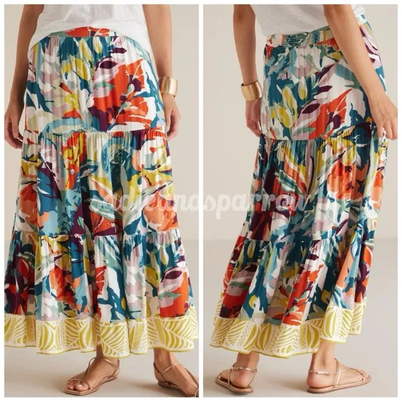 SOFT SURROUNDINGS 1X Kara Skirt in Multi Painterly Floral • Tropical Tiered Maxi