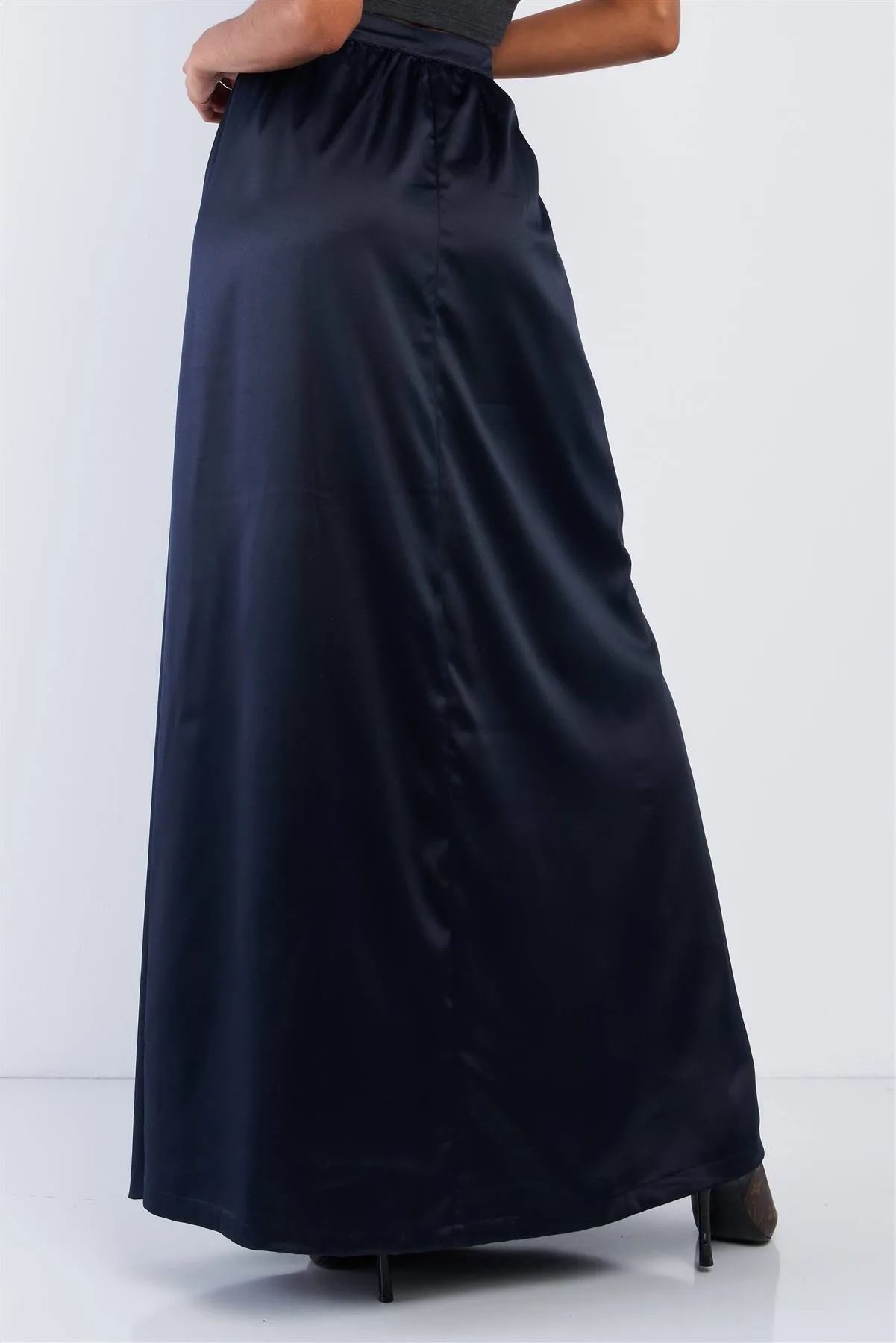 Solid Navy Blue Satin High Waist Flowing Maxi Skirt