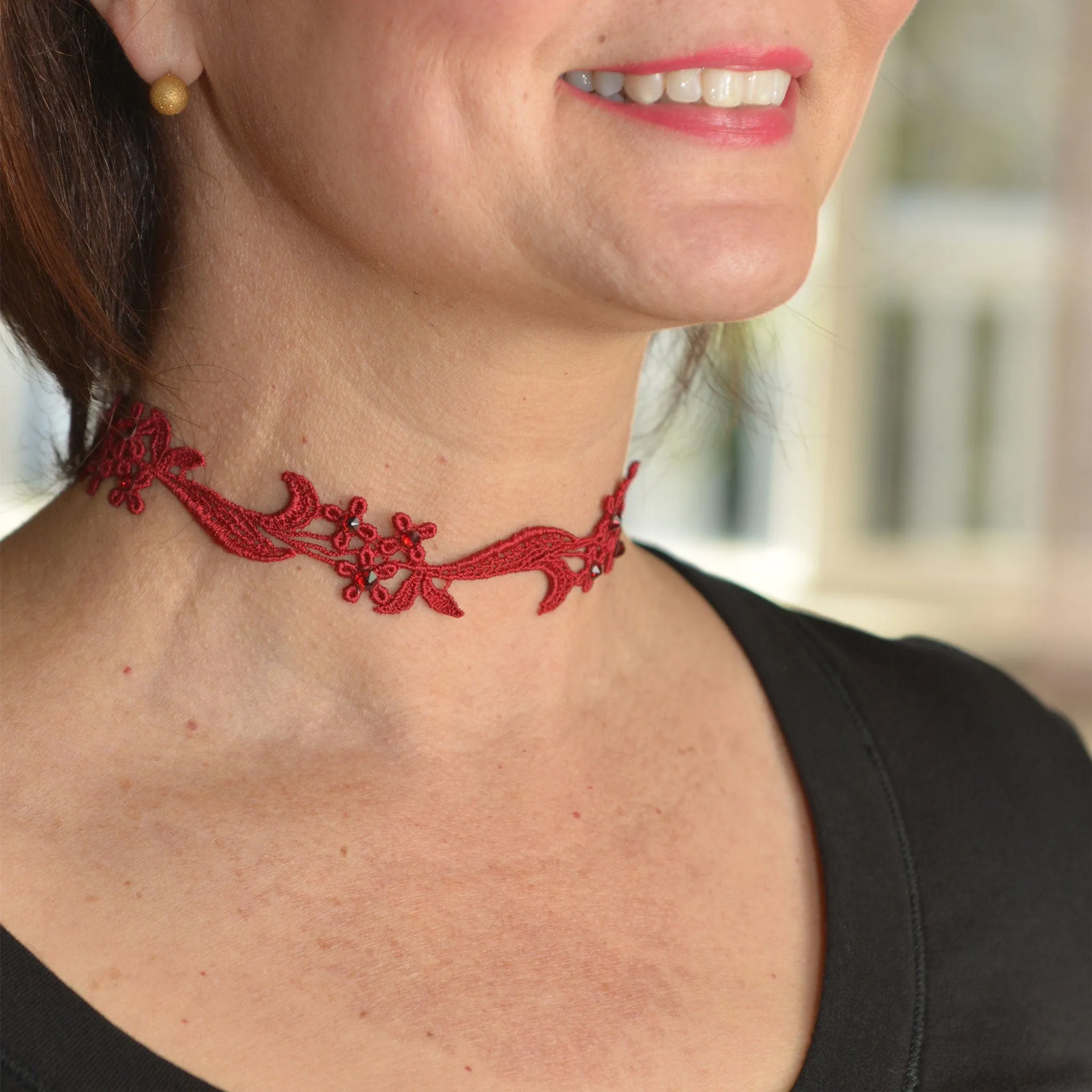 Sophia Red Floral Choker with Red Rhinestones